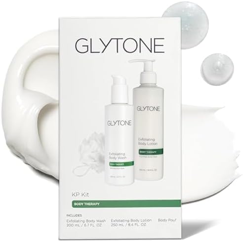 Glytone KP Kit – Exfoliating Body Wash, Glycolic Acid Lotion & Shower Pouf for Keratosis Pilaris – Smooth Rough Bumpy Skin, Fragrance-Free Skincare Routine for Dry Skin & Chicken Skin – Routine Kit