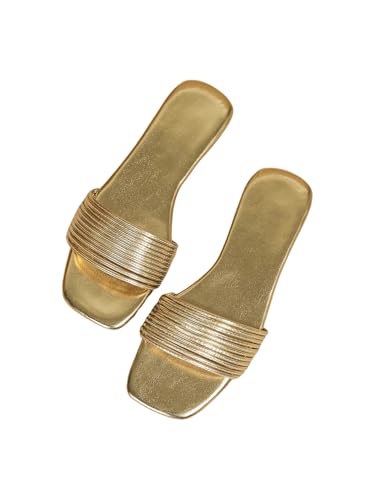Image of GORGLITTER Women's Gold Flat Sandals Strappy Square Open Toe Metallic Summer Slides Dressy 2026 Trendy