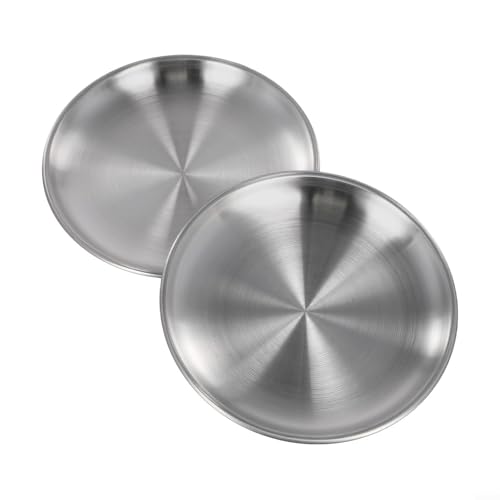 Eawfgtuw Piatto da campeggio in acciaio inox, stoviglie rotonde da esterno per campeggio, cucina, feste, confezione da 2, impilabile, fondo piatto, per piastre metalliche di lunga durata (30 x 1,6 cm)