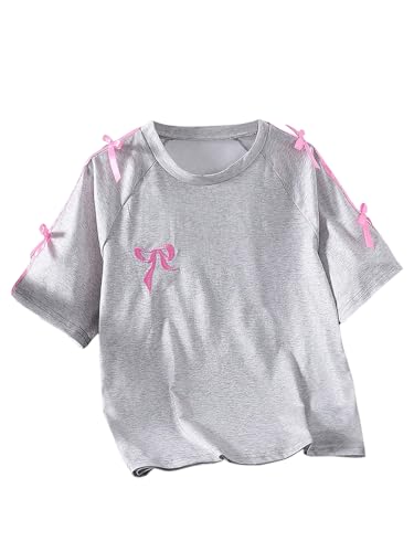 SHENHE Girl's Bow Shirt Crew Neck Short Sleeve Embroidered Graphic Loose Fit Tee Top