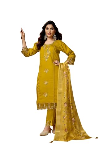 Image of Multi Embroid Kurta Set with Dupatta | Roman Silk Embroidered Kurta Set for Women | Women's Ethnic Casual Kurti Set |Kurta Pant Festive Suit