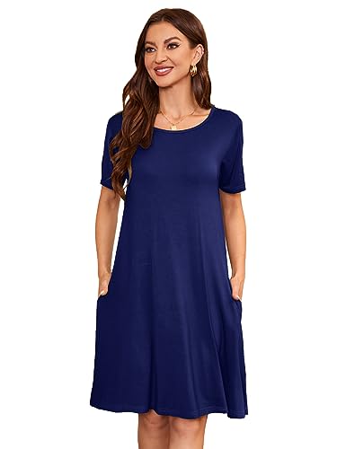 Image of Women's Summer Dresses 2026 Casual T Shirt Dress Short Sleeve Loose Flowy Sundress Swing Tunic Dress with Pockets Navy Blue