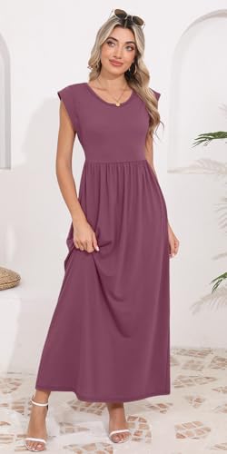 Image of DB MOON Womens 2026 Maxi Dresses Empire Waist Long Summer Dress Casual Cap Short Sleeve Sundress with Pockets