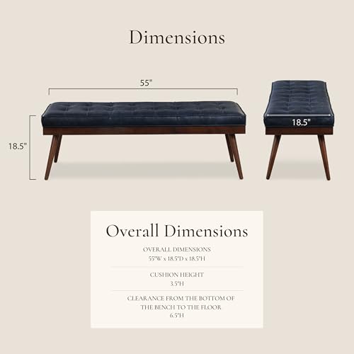 Image of POLY & BARK 55 inch Tufted Leather Bed Bench for Bedroom End of Bed - Living Room Entry Way Bench - Pure Italian Leather Upholstery with a Solid Wood Frame - Ottoman Bench with Wooden Legs - Midnight Blue