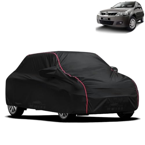 Image of Waterproof Car Cover for Mahindra Verito | All-Weather Protection, Dustproof & UV Resistant | Triple Stitched Mirror Pockets, Windproof Buckle Strap with Elastic Hem, Black-Red Piping