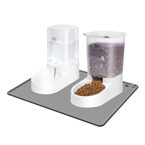 Marchul Dog Feeder and Water Dispenser, Automatic Gravity Dog Food Dispenser, Pet Food Dispenser Set for Small Medium Dogs Puppy Kitten (1 Gallon / 3.8L with Silicone Mat)