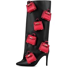 onlymaker Womens Knee-High Fashion Boots Pointed-Toe Stiletto Heel Red Mini Bag Embellished