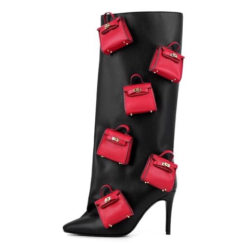 onlymaker Women's Knee-High Fashion Boots Pointed-Toe Stiletto Heel Red Mini Bag Embellished