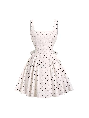 SHENHE Women's Polka Dots Square Neck Dress A Line Fit and Flare Tie Back Bow Ruffle Mini Dress Black and White Small