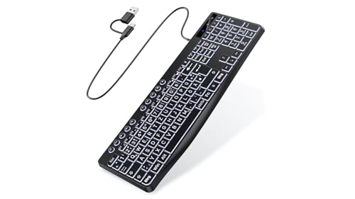 OMOTON Beleuchtete Tastatur Kabel PC Tastatur, QWERTZ Weiß Beleuchtet mit großem Druck, 2 in 1 USB A/C- Für Senioren, Kinder, Sehbehinderte für Windows mit Multimedia-Tasten(Schwarz)