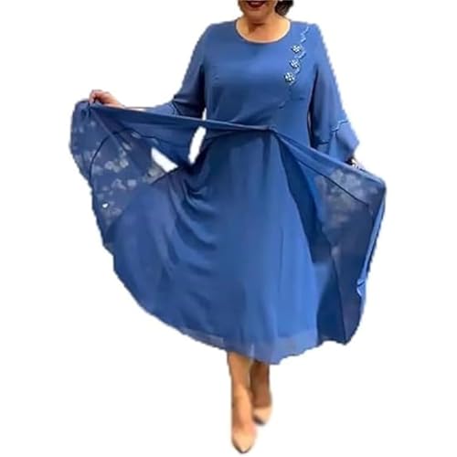 Damen Chiffon-Kleid, einfarbig, lockeres Kleid, Kleider für ältere Frauen 2024, Rundhalsausschnitt, Swings, Rüschenrock, blau, 4XL