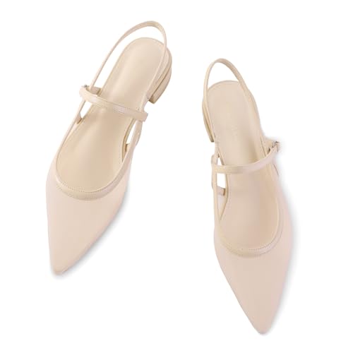 Slingback Flats for Women Mesh Gauze Pointed Toe Low Heels with Buckle Ankle Strap Dress Shoes