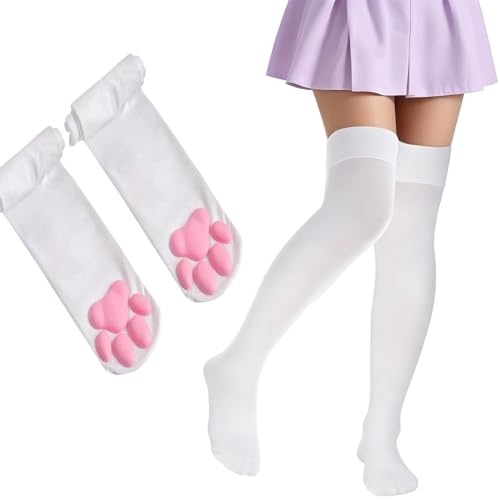 Cat Paw Socks for Women Thigh High Socks Kawaii Clothes Cute Cat Thigh Highs 3D Kitten Paw Print Stockings Over-the-knee Stockings Soft Comfortable for Cosplay Halloween Parties Everyday Wear (White)