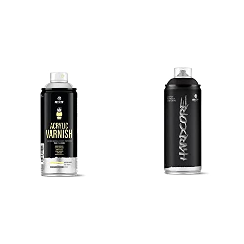Montana Colors Barniz Acrílico, Spray 400ml, Transparente Satinado, 400 ml (Paquete de 1) & MTN Hardcore Negro Satinado, Spray 400ml