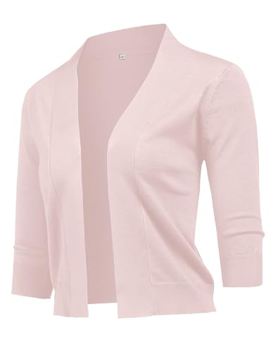 Image of URRU Women's Classic 3 /4 Sleeve Open Front Cropped Cardigan Sweater Lightweight Knit Short Shrugs
