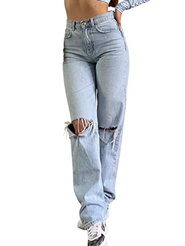Minetom Damen Hohe Taille Straight Jeans Stretch Jeanshose Zerrissen...