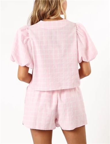 Image of Yuemengxuan Women Y2k Peplum Shirt Shorts Set Two Piece Lounge Set Pajamas Sets Puff Sleeve Tie Front Top 2pcs Pj Outfits