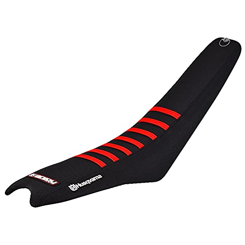 Enjoy Mfg Seat Cover - Compatible Fit for Husqvarna 2011-2013 TC 449 TE 449 TXC 449 TE 511 TXC 511#184 (All Black/RED Ribs - Husqvarna Logos)