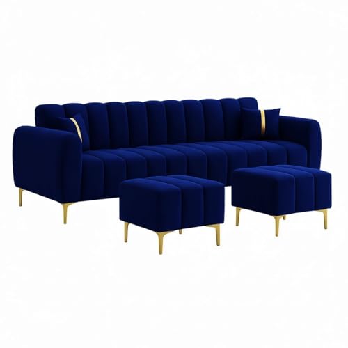 Image of Harmonica 3 Seater Modular L Shape Sofa Set with 2 Ottoman| Soft Velvet Upholstery, Sturdy Wooden Frame | Modern Sofa for Living Room, Hall & Office Spaces (Dark Blue)