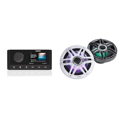 Fusion MS-RA210 Source Unit w/Clarion CMSP-771RGB-SWG Premium 7.7-inch Coaxial Marine Speakers with Built-in RGB Illumination (Includes White & Gray Sport Grilles)
