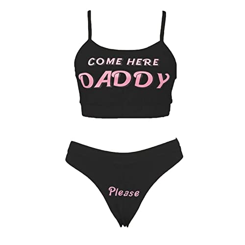 Women Sexy Come Here Daddy Please Underwear 2pcs Bikini Bra Top And Panty Sets (Black , L )