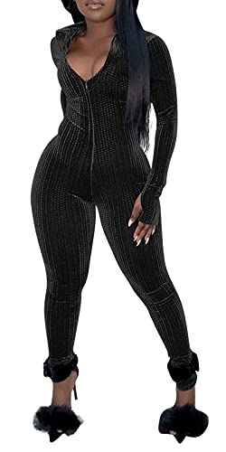 Women s Sexy Bodycon Jumpsuits Velvet Long Sleeve Solid Color Zipper 1 Piece Skinny Pants Romper Club Outfits Black XL