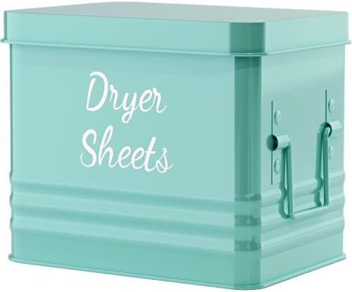 QUILIVIK Farmhouse Metal Dryer Sheet Holder for Laundry Room with Hinged Lid - Large Metal Fabric Softener Dispenser - Dryer Sheet Container with Tray.(Mint Blue)