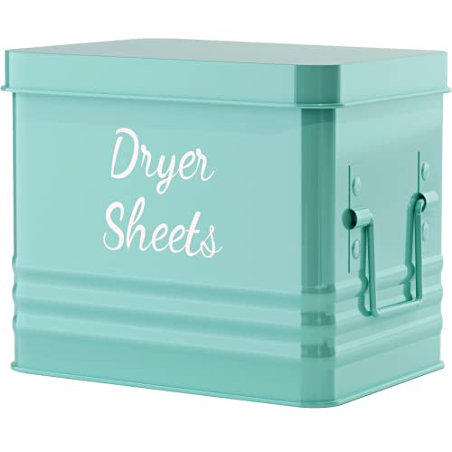 Quilivik Farmhouse Metal Dryer Sheet Holder For Laundry Room With Hinged Lid - Large Metal Fabric Softener Dispenser - Dryer Sheet Container With Tray.(Mint Blue) #TOP14