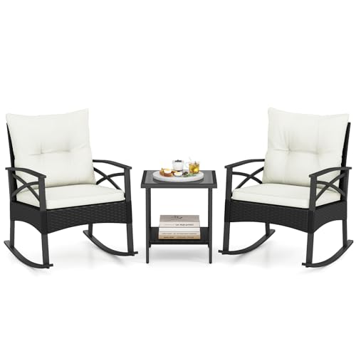 Image of Tangkula 3 Pieces Wicker Outdoor Rocking Chairs Set | Heavy Duty | Cushioned | Rattan Rocker Bistro Set w / 2-Tier Tempered Glass Coffee Table for Garden, Balcony, Backyard