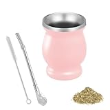 Set Mate, Juego de Mate, Taza de Mate de Acero Inoxidable, Juego de Mate, con Pajita y Cepillo de Limpieza, para Uso Doméstico, en Restaurantes y Hoteles, para Mate, Café, Rosa