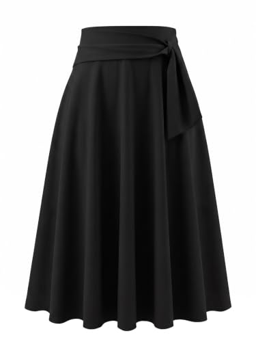 Image of Fynadressr Womens Midi Skirts Elegant Work Skirts Casual High Waisted A-Line Skirt with Belt Black L