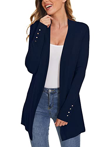Image of Women Long Knit Cardigan Lightweight Open Front Sweaters | Capsule Wardrobe for Women, Relaxed fit, Buttoned Ribbed cuffs, Dressy Business Casual , for spring early fall office work