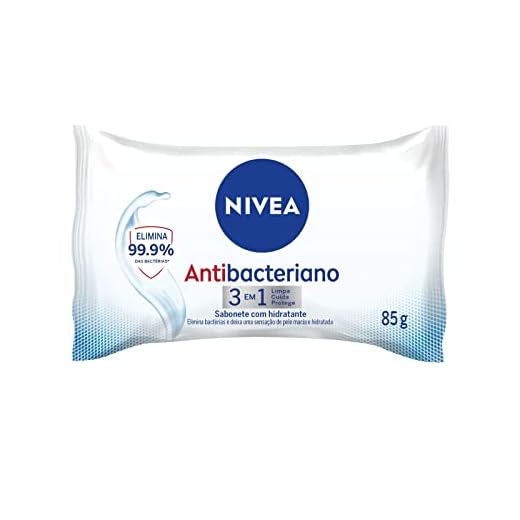 NIVEA Sabonete em Barra Antibacteriano 3 em 1 85g - Limpa, cuida e protege, pele hidrata, espuma cremosa, elimina 99,9% das bactérias, com óleo de amêndoas