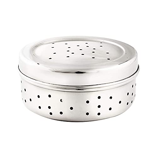 Image of Stainless Steel Green Coriander Storage Box Curry Leaves Box Set, Sprouts with air Ventilation Food containers Silver Dabba Flat Box Steel Dabba (Dhaniya 600 & 800 ML)