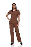 Flex Core New York V Neck Unisex Scrub Set, Top and Pants Lightweight Stretch Fabric for Home Attendant and Nurse Uniform (Coffee, Large)