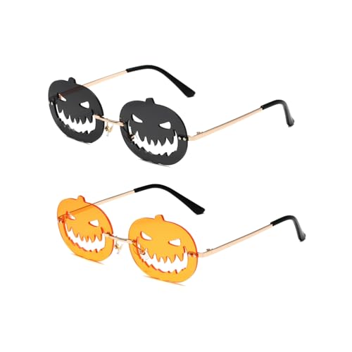 NEW, 2-Pack Pumpkin Sunglasses Rimless Eyewear for Women Men Party Carnival Prom Halloween Glasses (Pumpkin, Orange + Black)