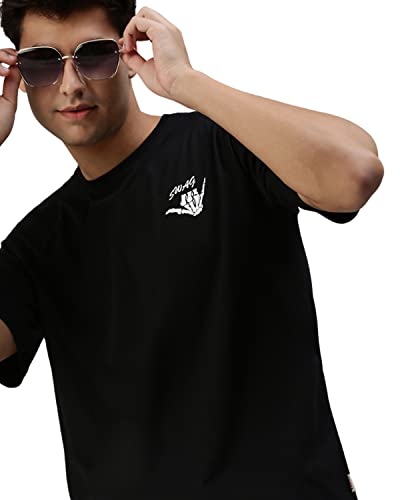 Image of Veirdo Men's Cotton Loose Oversize Baggy Fit Drop Shoulder Cool and Stylish Pocket Floppy Print Design Half Sleeve Beige T-Shirt