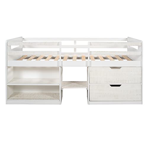 Twin Size Low Loft Bed With Storage, Solid Wood Twin Loft Bed Frame With Shelves And Drawers, Kids Bed With Ladder And Full-Length Guardrail, No Box Spring Needed (Antique White) #TOP3