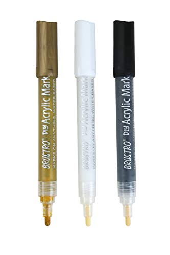 BRUSTRO Acrylic (DIY) Marker Set of 3 - Black, White & Gold |Tip Size - 2mm, Water-resistant,Matte Finish,UV resistant,Non-toxic Colours|Ideal for Craftworks, Works on Glass & Plastic, School Projects