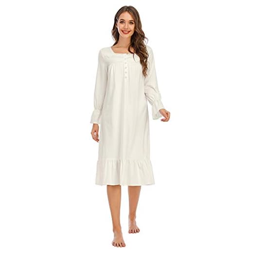 Nanxson Dam bomull nattlinne långärmad nattkläder vintage viktoriansk nattklänning pyjamas, Beige-31, S