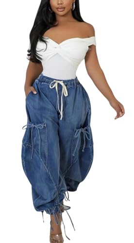 Elasticated Waistband Drawstring Tie Bow Loose Straight Jeans Denim Pants3
