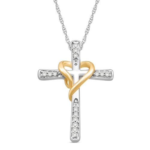 Jewelili Yellow Gold over Sterling Silver Cross Heart Pendant Necklace | 1/10 CTTW Natural White Round Diamonds | 18