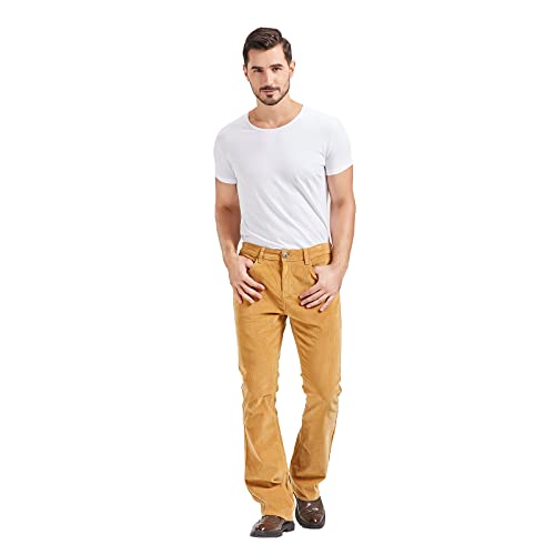 Wbestwind Men's Relaxed Vintage 60S 70S Corduroy Slim Bell Bottom Stretch Fit Classic Comfort Flared Flares Retro Leg Pants,Flo,Tag 3Xl Yellow #TOP3
