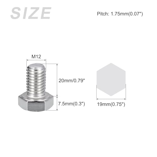 Image of METALLIXITY Hex Bolts (M12-1.75x20mm) 5Pcs, 304 Stainless Steel Coarse Fully Threaded Hex Head Screw Bolt Machine Screws - for Furniture Repair, Silver