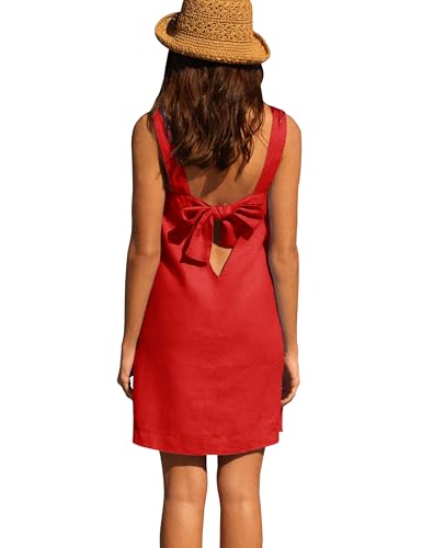 Image of Lumister Womens Lightweight Cotton Linen Dress Sleeveless Crew Neck Back Bow Summer Mini Dresses with Pocket Red
