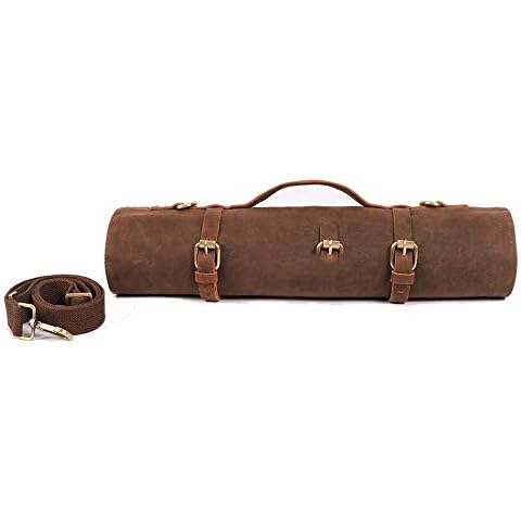 Heavy Duty 12OZ Waxed Canvas Chef Knife Roll, 10 Slots Knife Storage Case, Portable Knife Tool Bag Can Hold Knife Up to 18“ with Convenient Carry Handle & Shoulder Strap HGJ1242 Cover