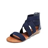 DREAM PAIRS Women's Elastic Ankle Strap Sandals Gladiator Strappy Low Wedges Sandals,Size 9,Navy,ELASTICA8