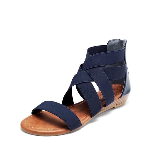 DREAM PAIRS Women's Elastic Ankle Strap Low Wedges Sandals 5 Navy