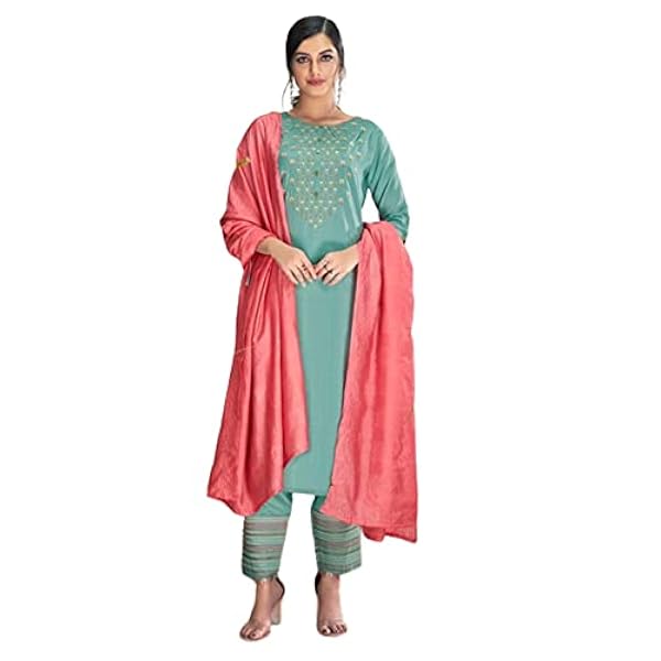 Blå rosa festival festkläder indisk kvinna ren chinnon siden rak broderad punjabi byxa kostym 2367