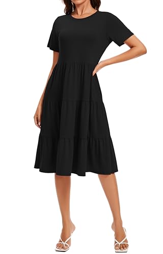 Image of Womens Summer Short Sleeve Crew Neck Midi Dress 2026 Casual Fit Flowy Tiered Beach Vacation Sundress with Pockets